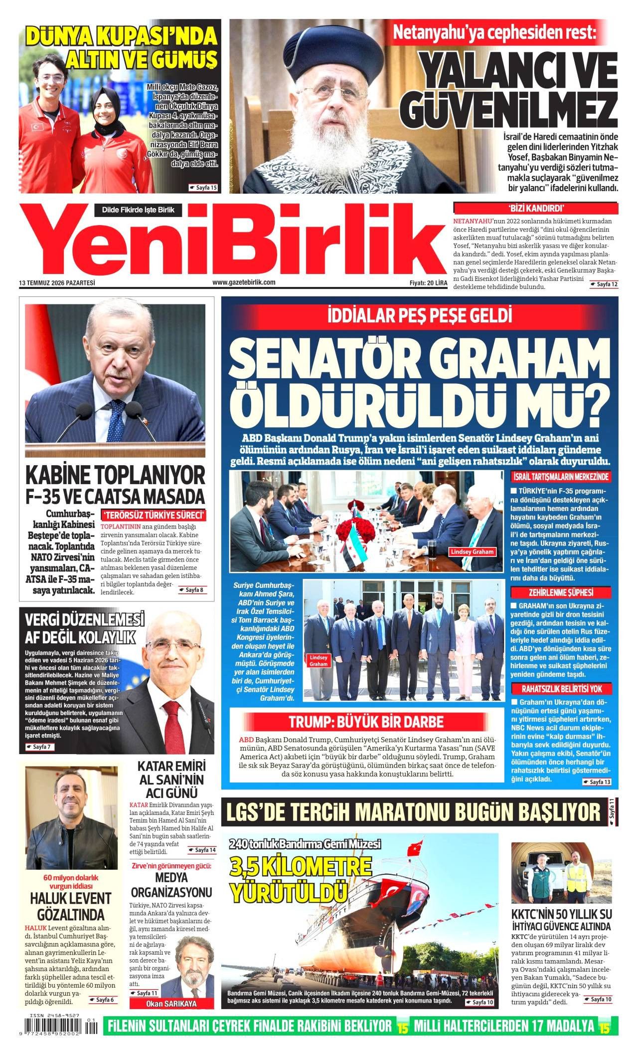 Yeni Birlik Gazetesi Gazete Manşeti