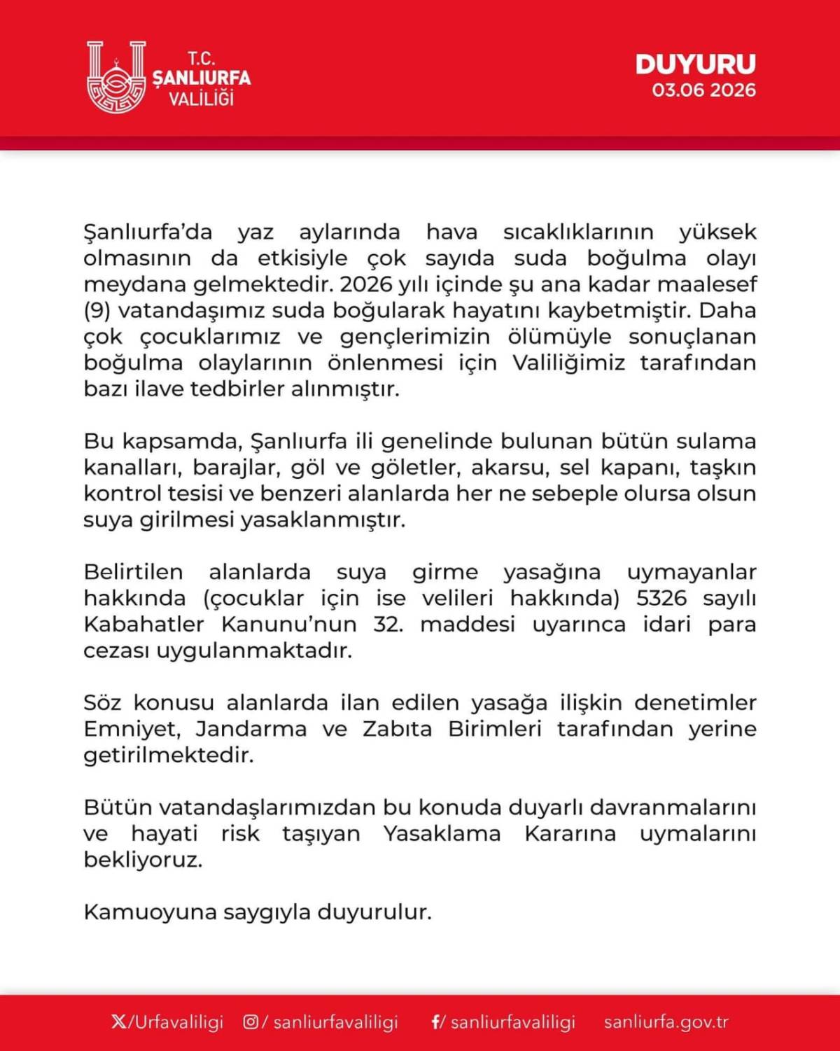 Şanlıurfa Valiliği'nden boğulma vakalarına karşı sert tedbir