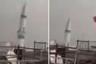 Fırtınada minarenin yıkılma anı kamerada